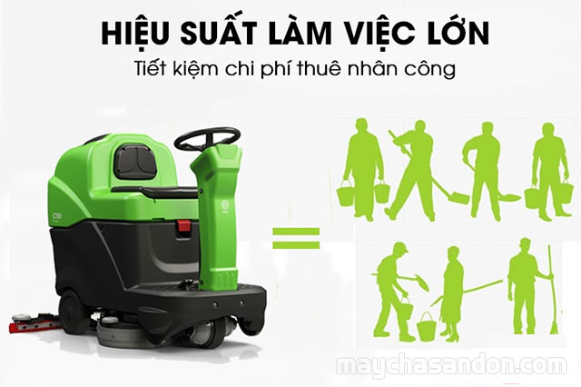 Một chiếc máy lau sàn ngồi lái tương đương nhiều công nhân vệ sinh làm việc liên tục